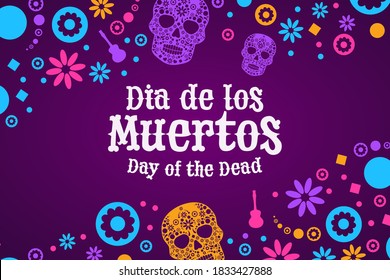 Inscription Day of the Dead in Spanish. Dia de los Muertos holiday concept. Template for background, banner, card, poster with text inscription. Vector EPS10 illustration