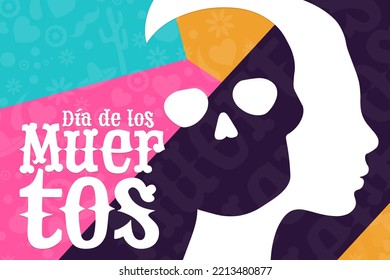 Inscription Day of the Dead in Spanish. Dia de los Muertos holiday concept. Template for background, banner, card, poster with text inscription. Vector EPS10 illustration