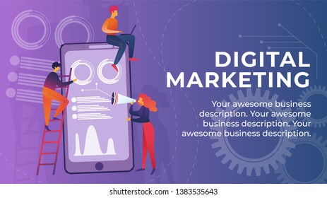 Inscription Digital Marketing Banner Cartoon. Marketing Goods and Services. Digital Channels to Attract and Retain Customers. Men and Women use Smartphone. Vector Illustration Landing Page.