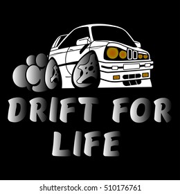 The inscription "Drift for life" and drift car. Image of T-shirt in black.