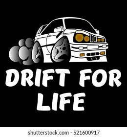 The inscription "Drift for life" and drift car. Image of T-shirt in black.