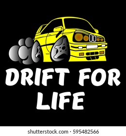 The inscription "Drift for life" and drift car. Image of T-shirt in black.