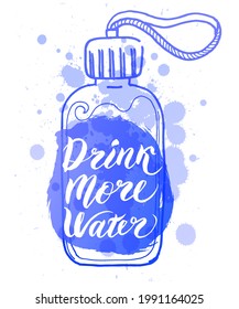 Inscription - Drink more water. Plastic bottle, blue splashes of water on a white background. Poster