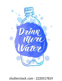 Inscription - Drink more water. Plastic bottle, blue splashes of water on a white background. Poster