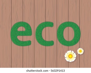 inscription "eco" made of grass on wooden background