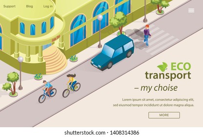 Inscription Eco Transport My Choise Lettering. Electric Transport and Cyclists move along Common Road City. Safe Energy for Modern Transport. Alternative Energy Modern Innovation, Сartoon.