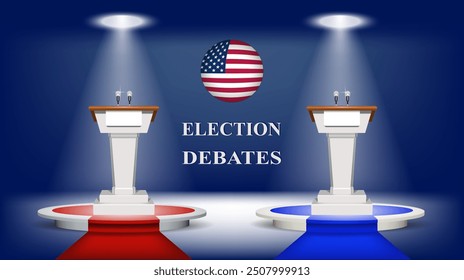 The inscription Election debates on a dark blue background with a round volumetric US flag and 2 white stands in a spotlight on a podium with a carpet.Presidential debates. Volumetric vector image