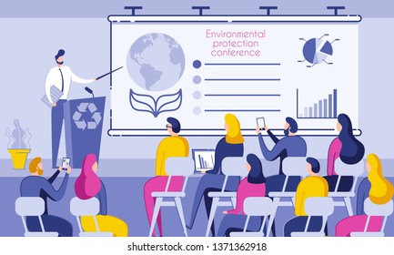 Inscription Environmental Protection Conference. People Sit in Conference Room and Listen to Speaker. Male Speaker Stands Behind Desk and Shows on Chart Data Pollution Planet. Vector Illustration.