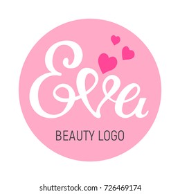 The inscription Eva in the circle with the hearts. Logo design. Vector illustration.