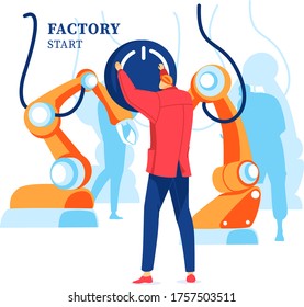 Inscription, factory start, industrial business, online production management, design in cartoon style vector illustration. Isolated on white, technological production capacity, service maintenance.