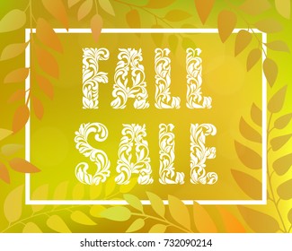 Inscription FALL SALE. Autumnal gradient backdrop with foliage and rectangular frame. Yellow horizontal blurred background with bokeh.  