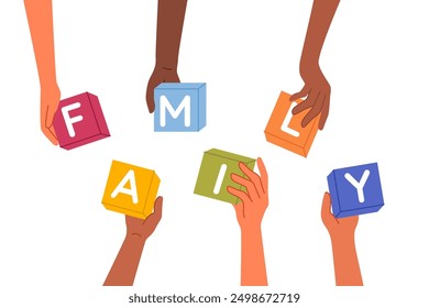 Inscription family in hands of multinational children holding cubes symbolizing friendship between races and ethnicities. Multicultural people call to become one family to achieve peace and harmony