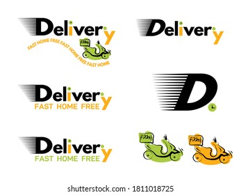 Inscription fast delivery service on a white background with green and orange scooters. Home quarantine concept. Online shop concept icon. Free food delivery. Flat vector illustration. Virus concept.