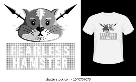 Inscription fearless hamster. Head of a hamster in the face with a spear, black and white cartoon picture. Flat print for white shirt vector, illustration.