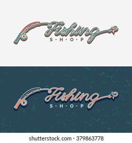 The inscription Fishing, original lettering. Fishing rod, fishing reel, hooks. Icons and illustrations for design, website, infographic, poster, advertising.