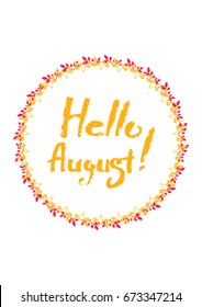 Inscription in a frame of orange tree branches, hello August