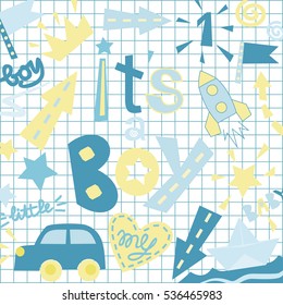 Inscription funny letters It's a boy with boyish accessories. Children's background.  Birth of the baby.