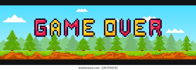 Inscription Game Over on the background of a pixel art game landscape. Pixelated gaming landscape background with sky, clouds, sun, trees.