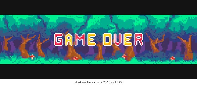 Inscription Game Over on the background of a pixel art game landscape. Pixelated gaming landscape background thick and dark forest.