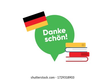 Inscription in German that means Thank you. FRG flag and books for studing. Education concept. Flat vector illustration.