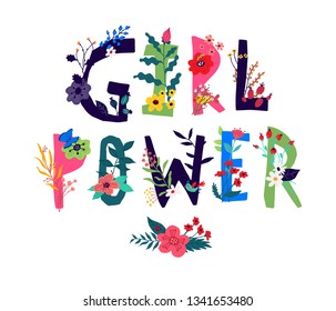 Inscription Girl Power, surrounded by flowers. Vector. Illustration in cartoon style. Motivational slogan as an image of nature. Banner, invitation to strike environmentalists. Femenism. March 8.