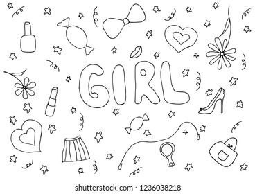 inscription girl and things associated with her around, drawing, sketch, cover