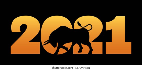 the inscription of gold numbers 2021 and the silhouette of a bull as a symbol of the new year. flat vector illustration isolated on black background