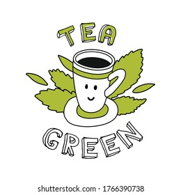 The inscription green tea with a mug and leaves.