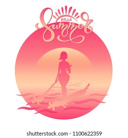 Inscription greetings to the summer and girl surfer against the sun. Handwritten lettering typography. Summer Background Vector Illustration. Hand lettering inspirational typography poster, banner.