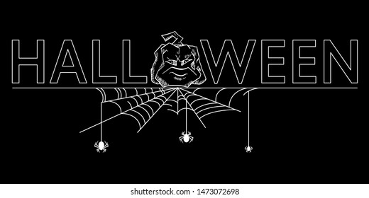 inscription Halloween with decorations decorative items: Halloween pumpkins and cobwebs with spiders. White on black. Vector