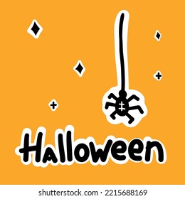 Inscription halloween with a hanging spider on a cobweb