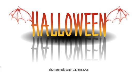 The inscription "Halloween" isolated on white background. The text "Halloween" with a black shadow, reflection and bat wings. Use for greeting card, poster, banner, invitation, postcard etc.