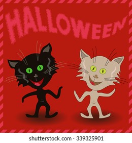 Inscription Halloween and two amusing cartoon cats on a red background, vector illustration