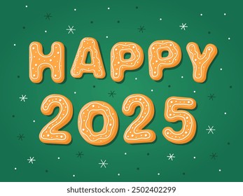 The inscription "Happy 2025" on a green background. New Year's gingerbread cookies in the form of letters. Homemade Christmas cookies with sweet sugar icing. Christmas card, flyer, banner, poster.