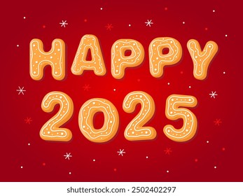 The inscription "Happy 2025" on a red background. New Year's gingerbread cookies in the form of letters. Homemade Christmas cookies with sweet sugar icing. Christmas card, flyer, banner, poster.