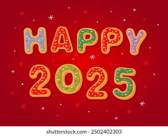 The inscription "Happy 2025" on a red background. New Year's gingerbread cookies in the form of letters. Homemade Christmas cookies with sweet sugar icing. Christmas card, flyer, banner, poster.