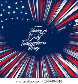 Inscription "Happy 4th of July - Independence Day", vector image suitable for poster or greeting card - Contour of USA outlined by sparkles of fireworks and the elements of flag of USA.