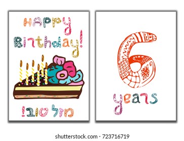 The inscription of Happy Birthday in English and Hebrew. A piece of cake with candles. Children postcard for 6 years. Doodle, hand draw. Vector illustration