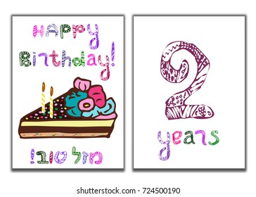 The inscription of Happy Birthday in English and Hebrew. A piece of cake with candles. Children postcard for 2 years. Doodle, hand draw. Vector illustration