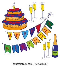 inscription happy birthday on flags, cake and champagne