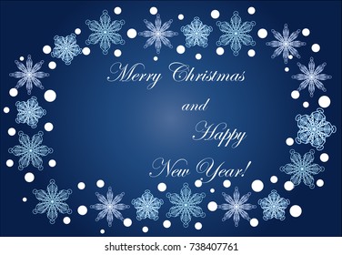 Inscription Happy Christmas and happy new year frame of snowflakes on a blue background, blizzard