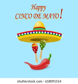 The inscription of the happy Cinco De Mayo. Sombrero, maracas and red peppers. Vector illustration
