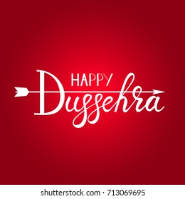 inscription Happy Dussehra festival Indian with bow and arrow on a red background. White text calligraphic