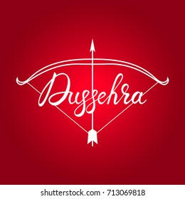 inscription Happy Dussehra festival Indian with bow and arrow on a red background. White text calligraphic