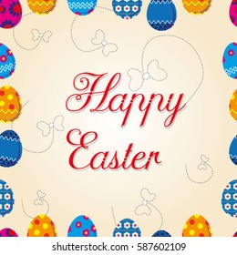 inscription Happy Easter. Easter background seamless, balls, lines