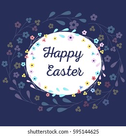 The inscription of a happy Easter for the celebration. Tex surrounded by branches with flowers.