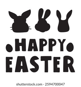Inscription - Happy Easter. Hare face silhouettes. Vector design. Illustration on white background.