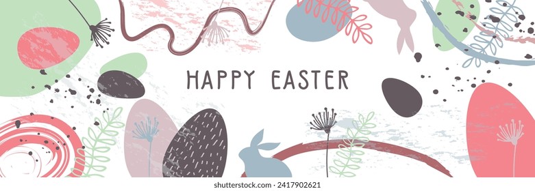 The inscription Happy Easter on an abstract background. Easter banner with bunnies, holiday eggs and flowers. Vector.