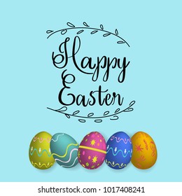 Inscription Happy Easter with painted eggs