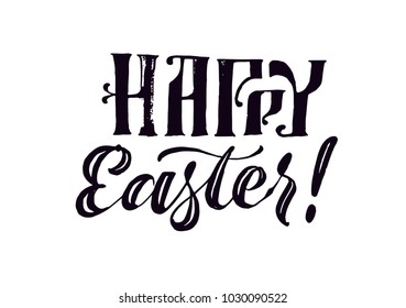 Inscription Happy Easter. Vector isolated handwritten. Brush pen modern trendy lettering. On background. Hand drawn Calligraphy. Bright holiday postcard.